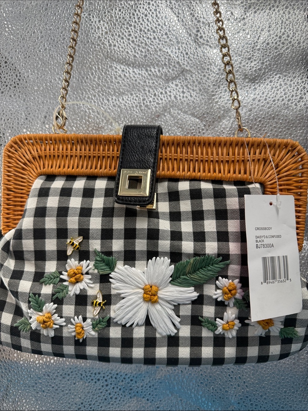 Betsey Johnson Black & White Gingham Floral Embroidered Clutch with Straw Trim